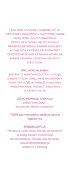 Różowy tekst na białym tle, opis kremu nawilżającego Satin Glow SPF 30 z Cica i efektem glow.