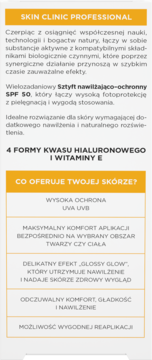 Infografika SKIN CLINIC PROFESSIONAL: Sztyft nawilżający SPF 50, opis korzyści dla skóry, składniki.