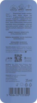 Tył niebieskiej saszetki maski ne'boa 25ml z polskim opisem: 24h nawilżenie dla suchych, matowych włosów.