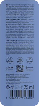 Tył fioletowej maski do włosów Neboa 1-Minute Shot z kwasem hialuronowym 25 ml, opis i skład.