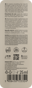 Tył beżowego opakowania maski Neboa 1-Minute Shot z proteinami, 25ml, wygładzającej włosy, z opisem i kodem.