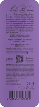 Tył fioletowej maski Neboa 1-Minute Shot z peptydami, 25ml, opis odbudowujący włosy w języku polskim.