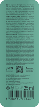 Tył zielonego opakowania maski Neboa 1-Minute Shot 25 ml z tekstem o wzmacnianiu włosów, składem, kodem kreskowym.