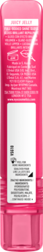 Tył różowego, przezroczystego błyszczyka NYX Juicy Jelly z widoczną etykietą ze składem i instrukcją odklejenia.
