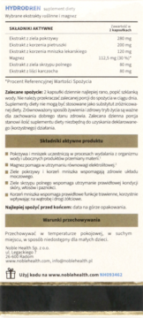 HYDRODREN suplement diety, tył opakowania w języku polskim, z informacjami o składzie i usuwaniu wody.