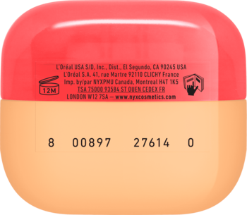 Tył opakowania pudru NYX Wonder Snatch Banana Brat. Pomarańczowe wieczko i beżowa baza z danymi producenta i kodami.