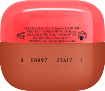 Spód i bok pudru NYX Wonder Snatch Cacao Craze, brązowo-koralowe opakowanie, widoczny kod i dane producenta.