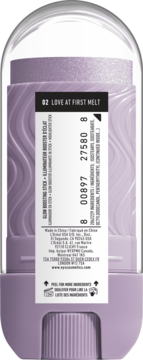 Tył fioletowego rozświetlacza w sztyfcie NYX Buttermelt Stix, odcień Love At First Melt, z etykietą i składnikami.