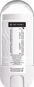 Tył rozświetlacza w sztyfcie NYX Buttermelt Stix '03 That's So Melt' z kodem, składnikami i etykietami.