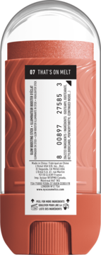 Tył koralowego rozświetlacza w sztyfcie NYX Buttermelt Stix 'That's On Melt' z etykietą i składem.