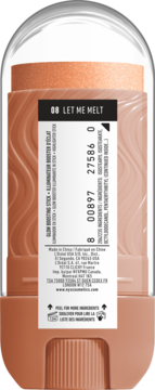 Tył rozświetlacza w sztyfcie NYX Buttermelt Stix 08 Let Me Melt. Brzoskwiniowy kolor, mieniąca się faktura, etykieta.