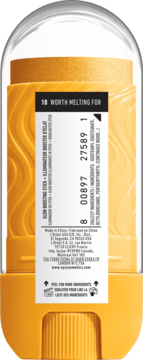 Tył złotego rozświetlacza NYX Buttermelt Stix Worth Melting For. Widoczna etykieta z kodem i składnikami.