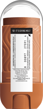 Tył brązowego rozświetlacza NYX Buttermelt Stix 'It's Giving Melt' w sztyfcie, etykieta, kremowa faktura.