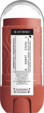 Tył opakowania rozświetlacza NYX Butter Melt Stix Left On Melt, z etykietą, składem i instrukcją peel-off.