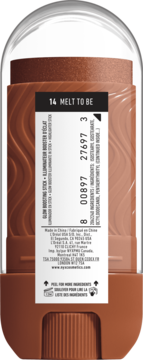 Tył opakowania rozświetlacza w sztyfcie NYX Buttermelt Stix, odcień 14 Melt To Be, widoczna etykieta.