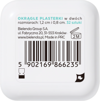 Tył białego opakowania okrągłych plasterków Bielenda w 2 rozmiarach, z kodem kreskowym i napisem Made in PRC.