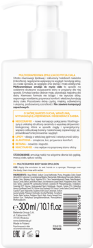 Tył białej butelki Multiceramidowej Emulsji do Mycia Ciała 300ml z pompką do suchej skóry, widoczne etykiety i kod.