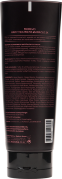 Czarna tubka Moremo Hair Treatment Miracle 2X, tył opakowania z widoczną listą składników maski do włosów.