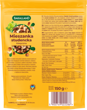Tył żółtej torebki Bakalland Mieszanka studencka klasyczna 150g, z tabelą wartości odżywczych.