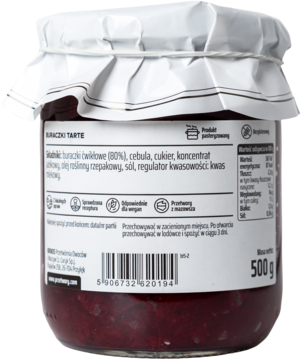 Tył słoika z buraczkami tartymi bez octu z cebulą, etykieta ze składem i danymi odżywczymi, 500g.