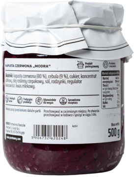 Tył słoika z kapustą czerwoną „Modra”, widoczna etykieta ze składem, wartościami odżywczymi i kodem kreskowym.