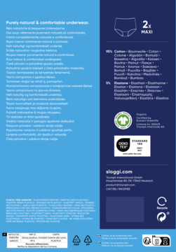 Tył opakowania sloggi, 2-pak majtek: 95% bawełny, 5% elastanu. Certyfikaty GOTS i OEKO-TEX.