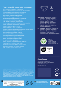 Tył opakowania sloggi 2x majtek Tai. Wyróżniona bawełna organiczna, certyfikaty GOTS, Oeko-Tex.