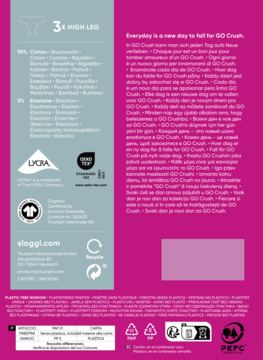 Tył opakowania sloggi "3x HIGH LEG" z informacjami. Białe tło ze składem (95% bawełna), magenta z tekstami. GOTS, Lycra.