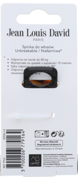 Tył opakowania białej spinki do włosów Jean Louis David Unbreakable, z czarnym klipsem, opisem cech i kodem kreskowym.