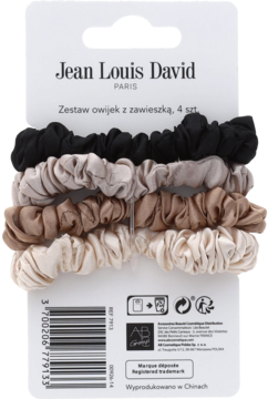 Zestaw 4 satynowych gumek do włosów Jean Louis David w odcieniach beżu i czerni, na opakowaniu.