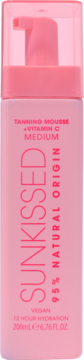 Sunkissed Tanning Mousse + Vitamin C, medium shade, in a pink bottle with pump, front view.