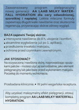 Opis programu AA LAAB MILKY WATERFALL HYDRATION na niebieskim tle, tekst dot. pielęgnacji cery.
