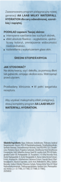 AA LAAB MILKY WATERFALL HYDRATION, tył z opisem, sposobem użycia, korzyściami i składnikami po polsku.