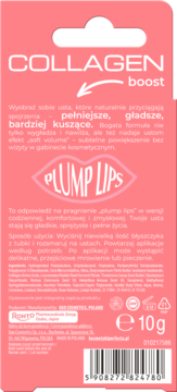 Różowe kartonowe opakowanie błyszczyka Collagen Boost Plump Lips, tył z polskim opisem, instrukcjami i 10g.