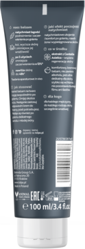 Balsam po goleniu w ciemnej tubce 100ml, tył opakowania z polskimi napisami i kodem kreskowym, łagodzi podrażnienia.