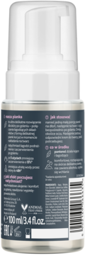 Tył białej butelki łagodzącej pianki po goleniu 100ml z etykietą, opisem i certyfikatem Animal Test Free.