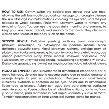 Biała etykieta płatków oczyszczających, czarny tekst z instrukcją użycia w trzech językach, widok z bliska.