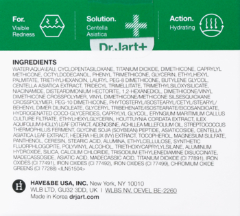 Tył opakowania Dr. Jart+ z listą składników Centella Asiatica, z informacjami 'For: Visible Redness' i 'Hydrating'.