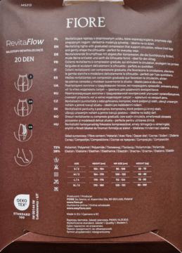 Tył brązowego opakowania rajstop FIORE ReVitaFlow 20 DEN z informacjami o stopniowym ucisku dla nóg i korekcji sylwetki.