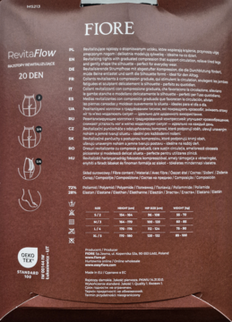 Tył opakowania rajstop FIORE RevitaFlow 20 DEN. Opis stopniowego ucisku dla lepszego krążenia i tabela.
