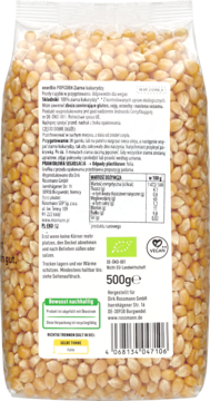 Tył opakowania enerbio POPCORN Ziarna kukurydzy 500g, widoczne żółte ziarna i biała etykieta ze składem.
