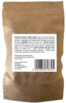 Tył brązowego opakowania suszonych jabłek i śliwek, z białą etykietą zawierającą skład i kod kreskowy.