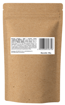 Tył brązowej torebki produktu spożywczego z matowego papieru, widoczna biała etykieta z danymi odżywczymi i kodem. Masa netto 100g.