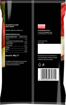 Tył czarnego opakowania suszonych płatków jabłkowych z tabelą wartości odżywczych i kodem kreskowym.