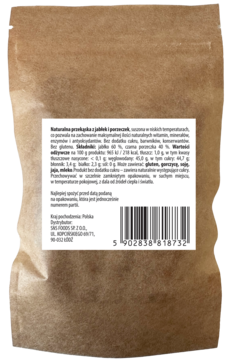 Tył matowej, brązowej torebki ze snackiem jabłkowo-porzeczkowym, widoczna biała etykieta z polskim opisem i kodem.