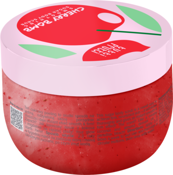 Tutti Frutti Cherry Bomb peeling cukrowy, czerwony słoik z różową zakrętką i zielonymi liśćmi, widok z góry.