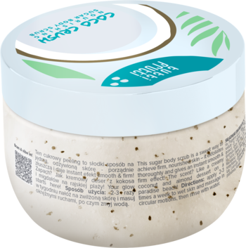 Tutti Frutti Coco Crush, peeling cukrowy w białym słoiku, widok z góry na etykietę z napisem i grafiką kokosa.