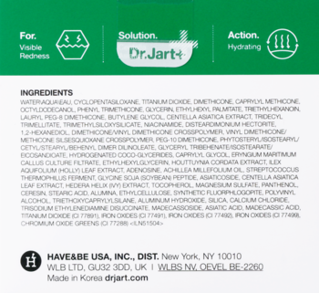 Tył zielono-białego opakowania Dr.Jart+ z listą składników nawilżającego produktu na zaczerwienienia.