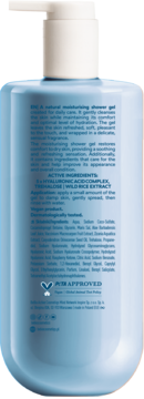 Tył jasnoniebieskiego żelu pod prysznic SIC, nawilżającego z kwasem hialuronowym, widoczne składniki, PETA.