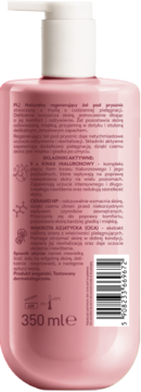 Tył regenerującego żelu pod prysznic w różowej butelce z pompką. Widoczne składniki aktywne: ceramidy, kwas hialuronowy.